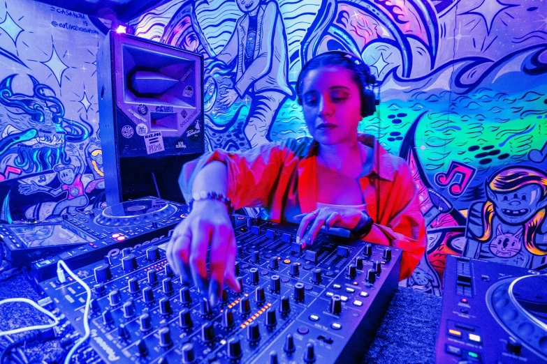 a woman at a dj desk in a room with graffiti