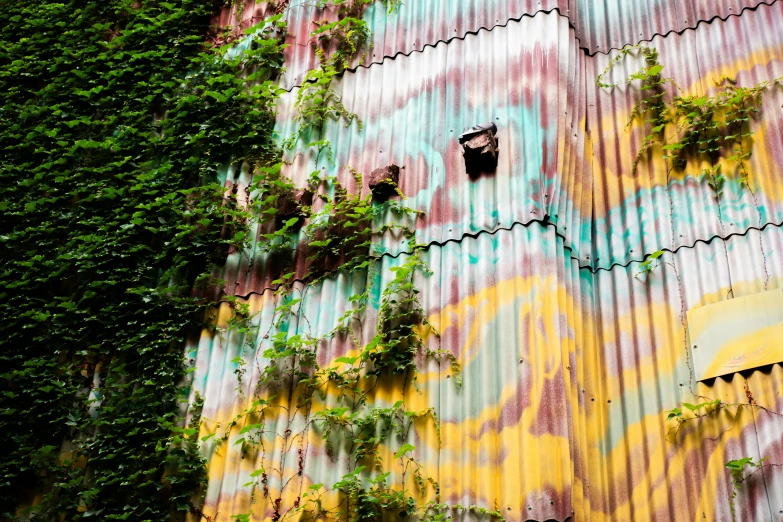 a close - up of a building made of metal with ivy growing on it