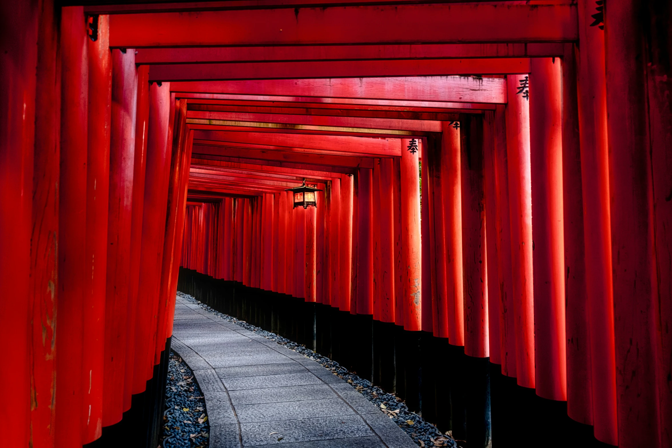 a large tunnel of red poles with no people