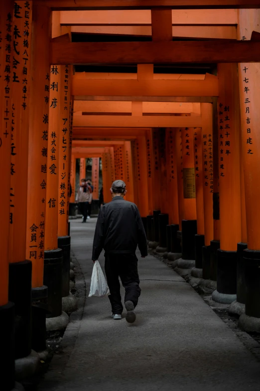 a man walking down an alley between tall columns