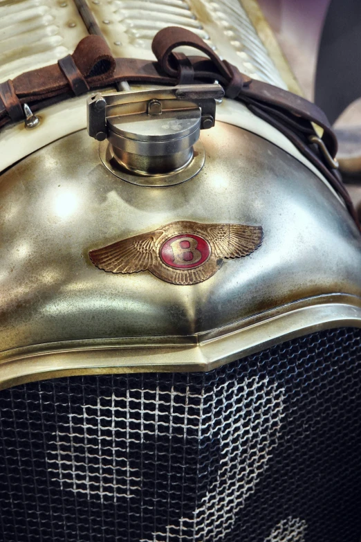 a close up of a vintage gold trunk