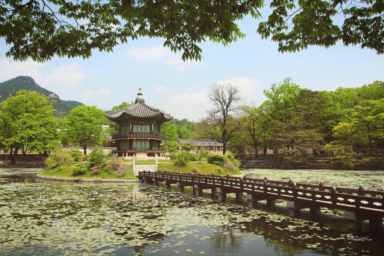 a small pavilion next to the water covered in lily pads