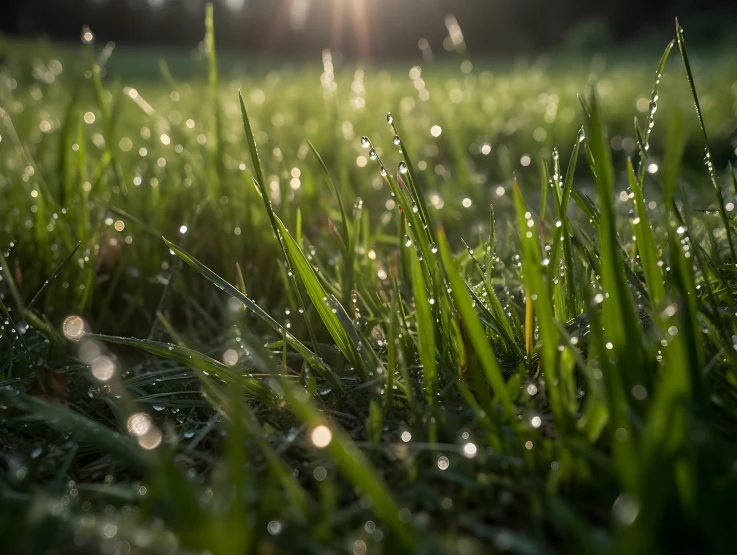 dew drops on grass with sunshine coming in
