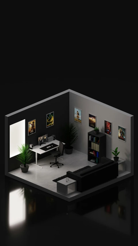 an office with black and white decor on the walls