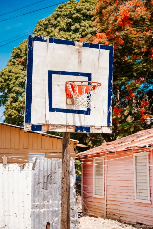 a basketball hoop on an old wooden pole in front of the abandoned house