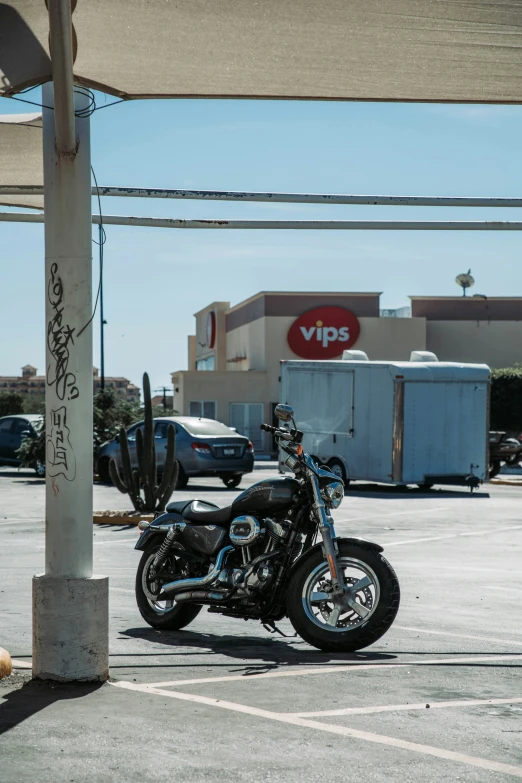 there is a motorcycle parked under the awning