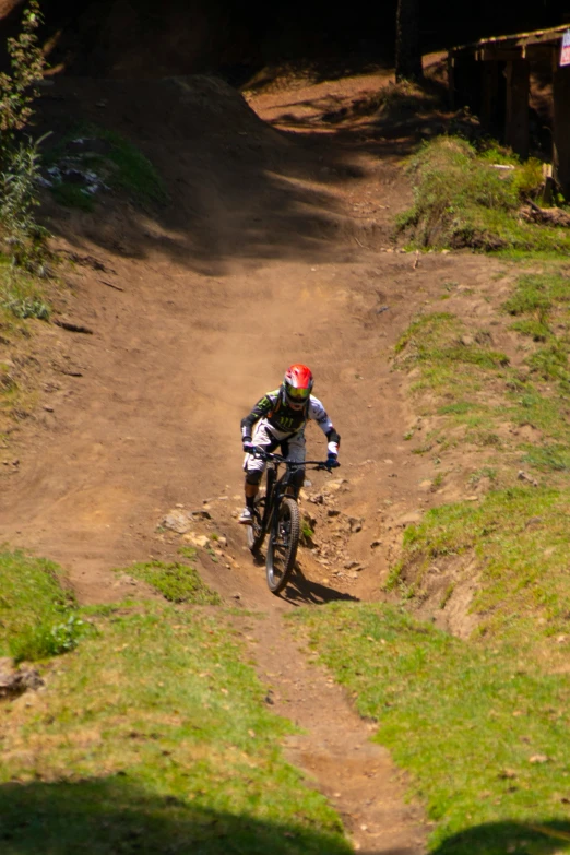 a dirt bike rider rides on a path