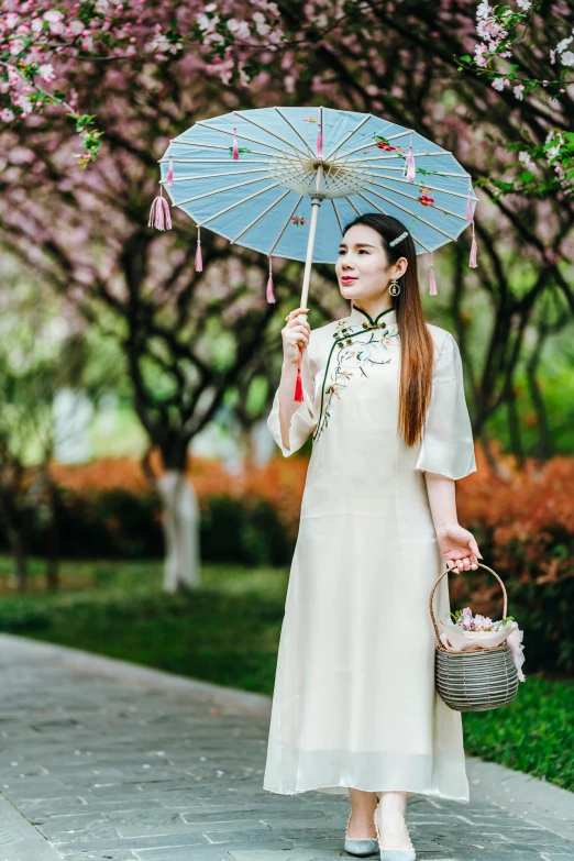 the woman is standing on the side walk with an umbrella