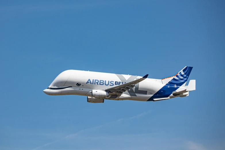 an airplane is flying in the sky on a sunny day