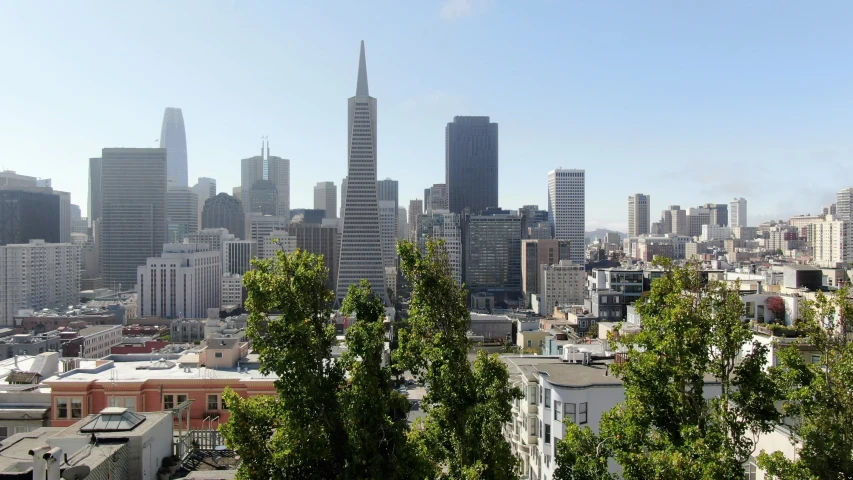 a tall skyscr towering over other buildings next to a forest