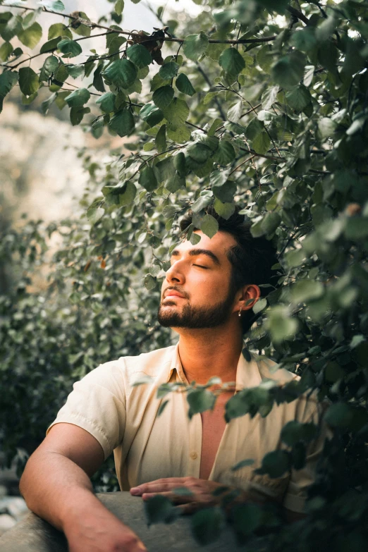 a man sitting by trees in his shirt