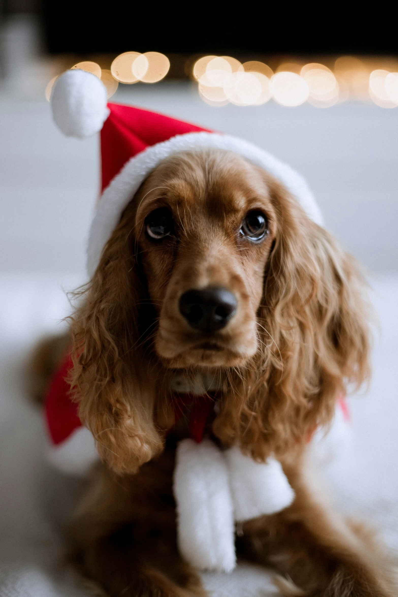 a dog sits wearing a santa hat