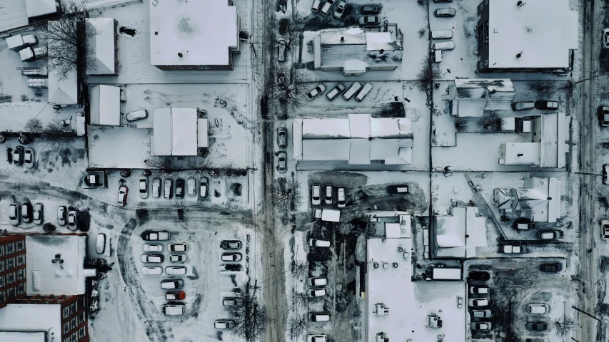 aerial view of a city in winter from the top down