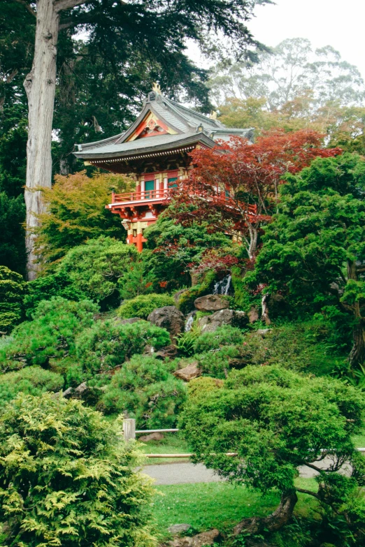 a building on top of a hillside surrounded by trees