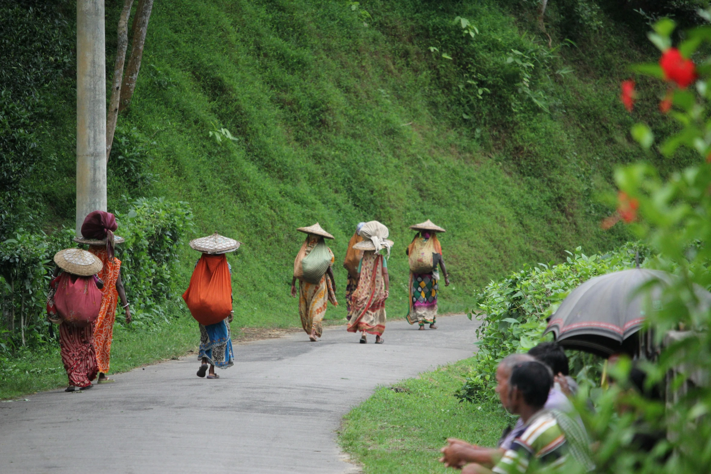 women walking down a road in the rain