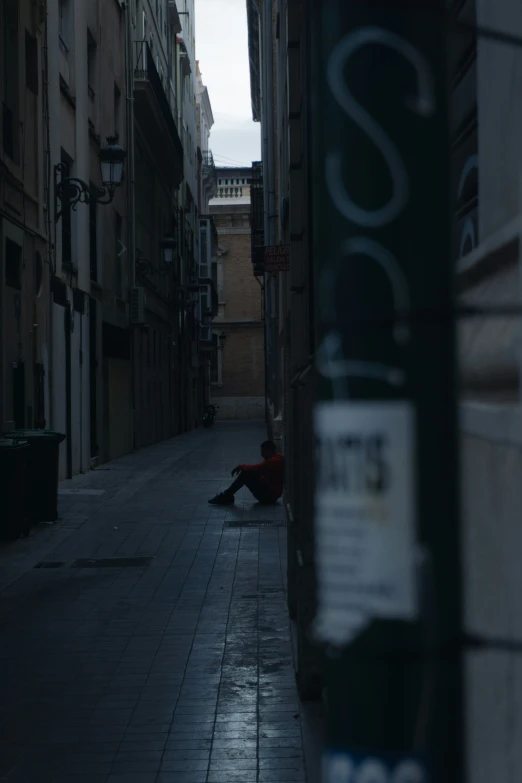 dog laying on pavement in old european city