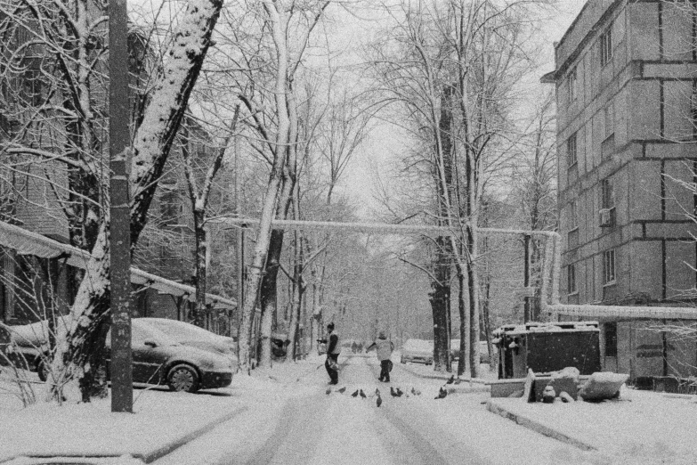 a road with people and cars covered in snow