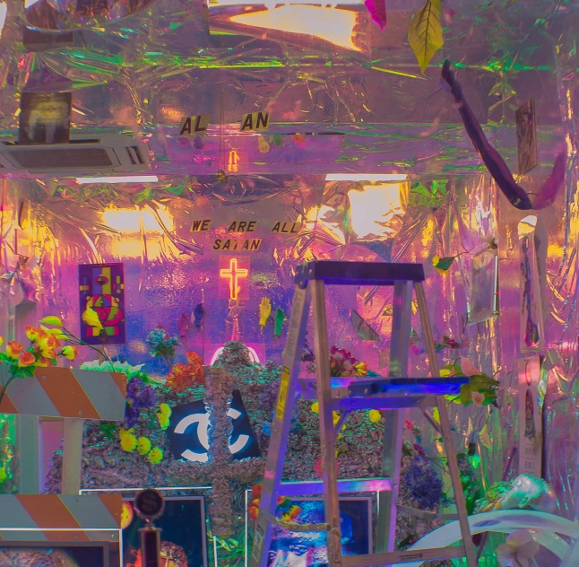 an abstract image of a cluttered room with art