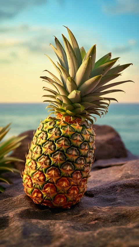 a pineapple sitting on top of a rock by the ocean