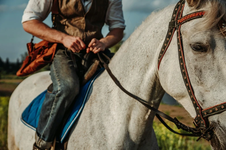 the man is sitting on top of a white horse