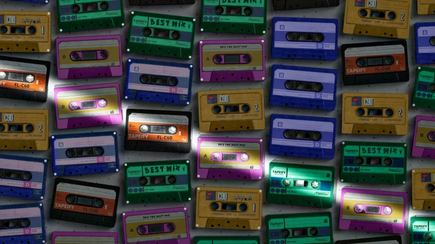 several old stereos and sound recorders painted into a multi - color background