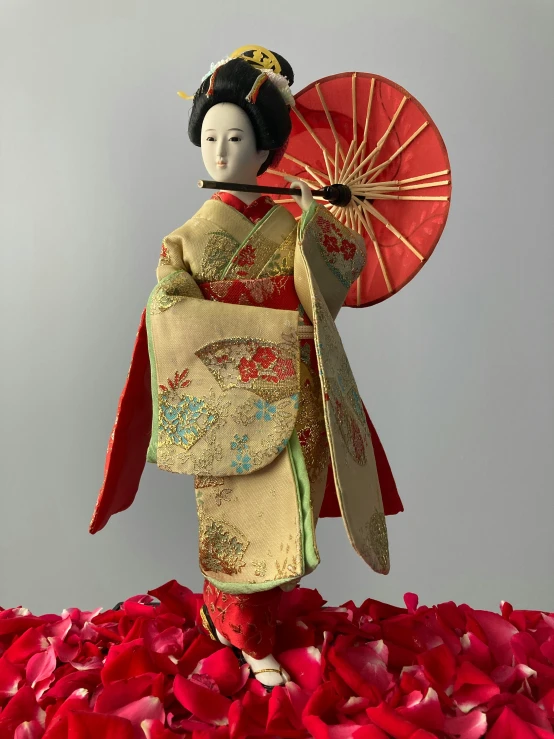 a woman in traditional japanese dress holding an umbrella