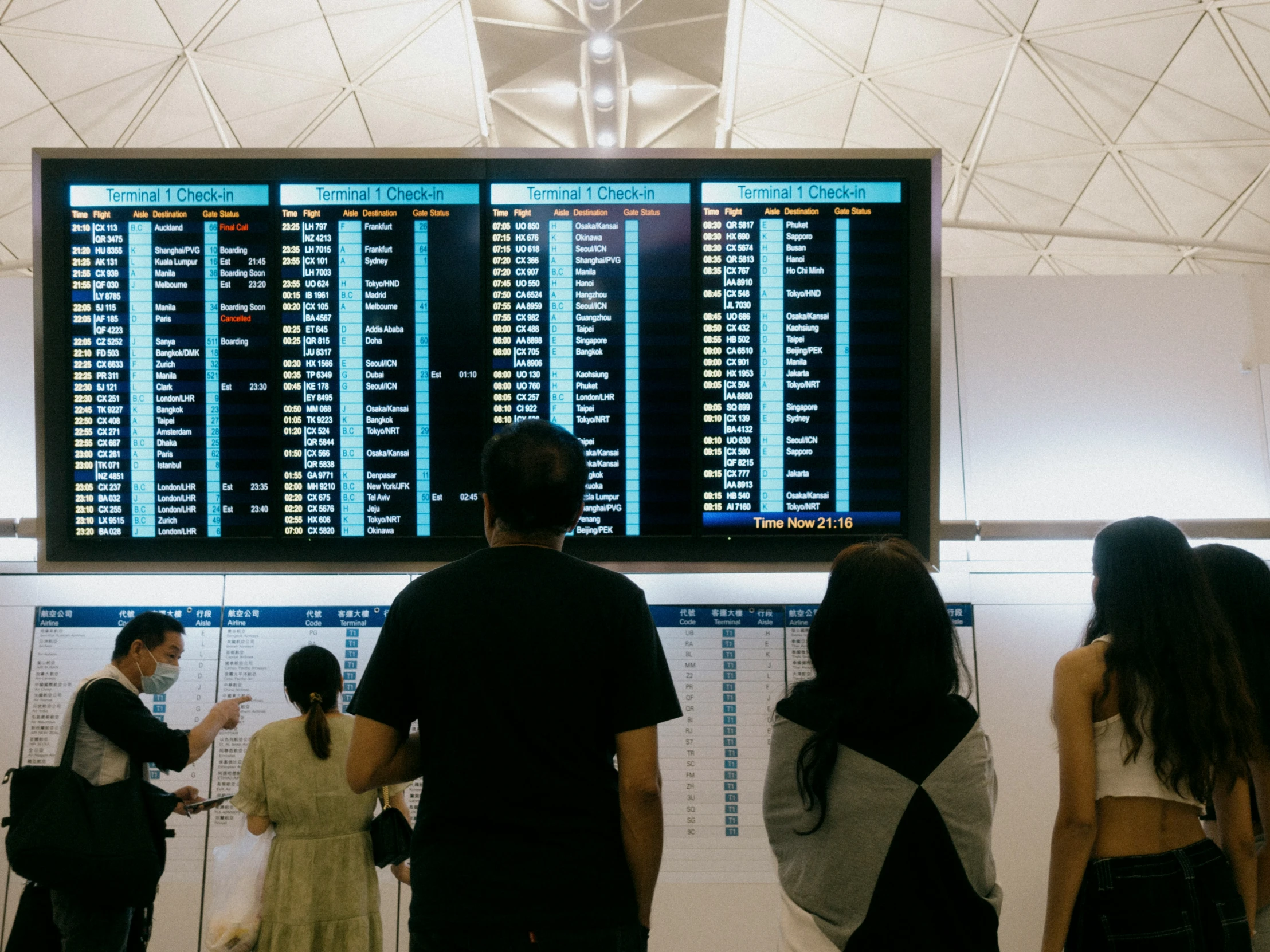 group of people standing in front of the boarding board