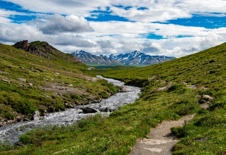 a beautiful view of a creek and a grassy mountain