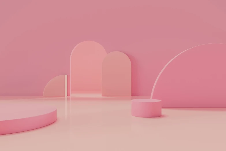 a pink and pink room with two arches