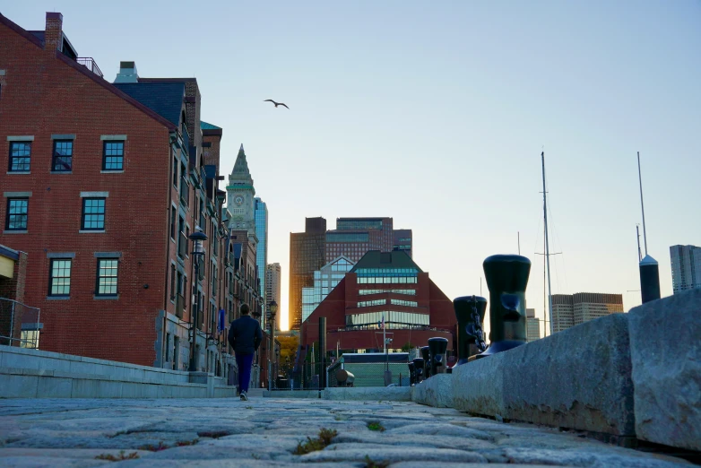 a lone bird is flying near several buildings