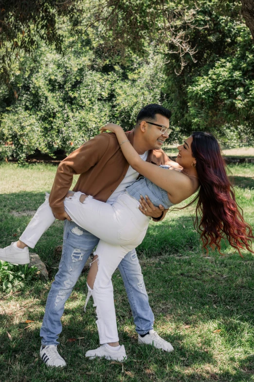 a man is holding his arm around a woman who's holding him back and a third man standing behind him