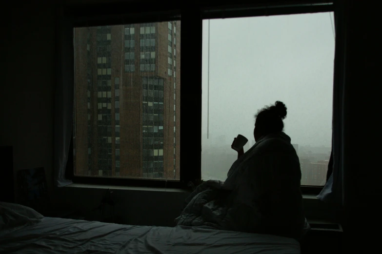 a person looks out a large window at a view of the city