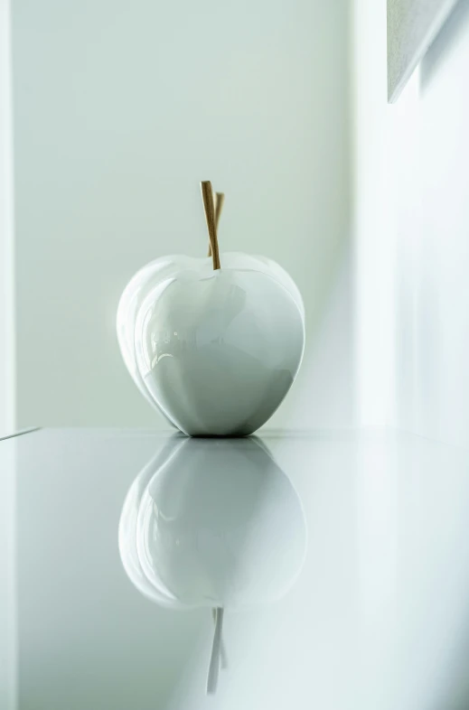a white vase holding an apple with sticks sticking out of it