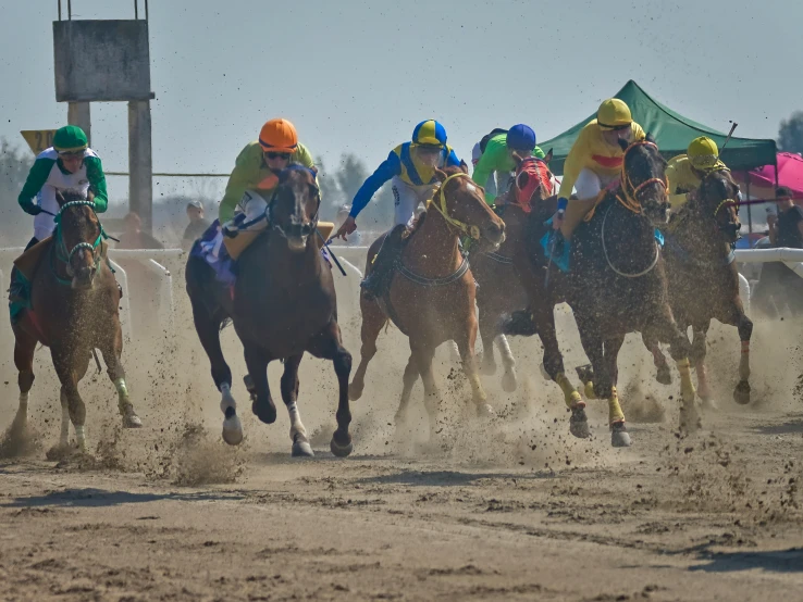jockeys on horses are running in a dusty race