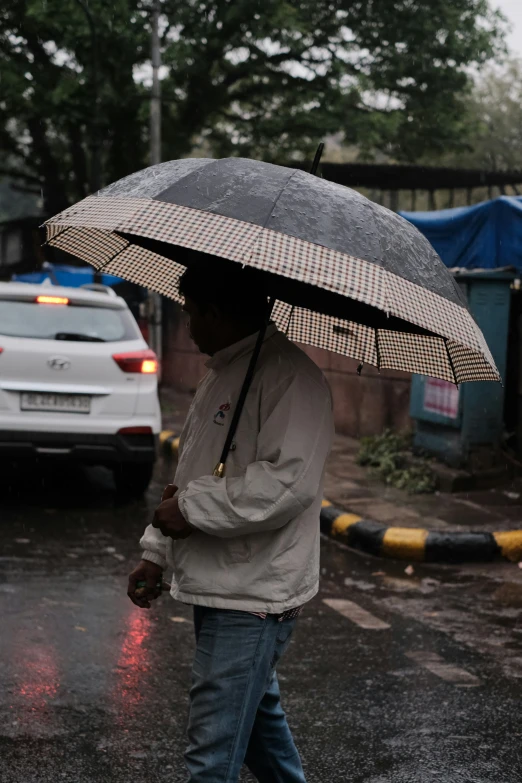 a man walking in the rain with an umbrella