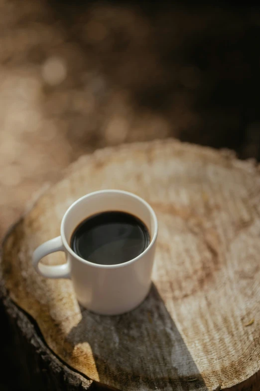 a cup of coffee is sitting on top of a log