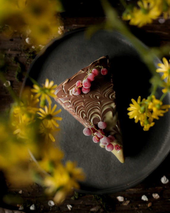 a chocolate piece of cake with berry toppings