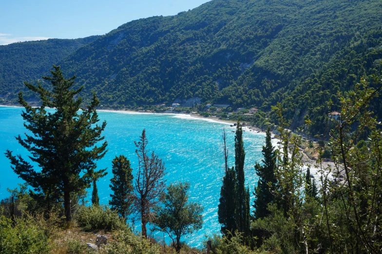 an area with blue water surrounded by trees and mountains