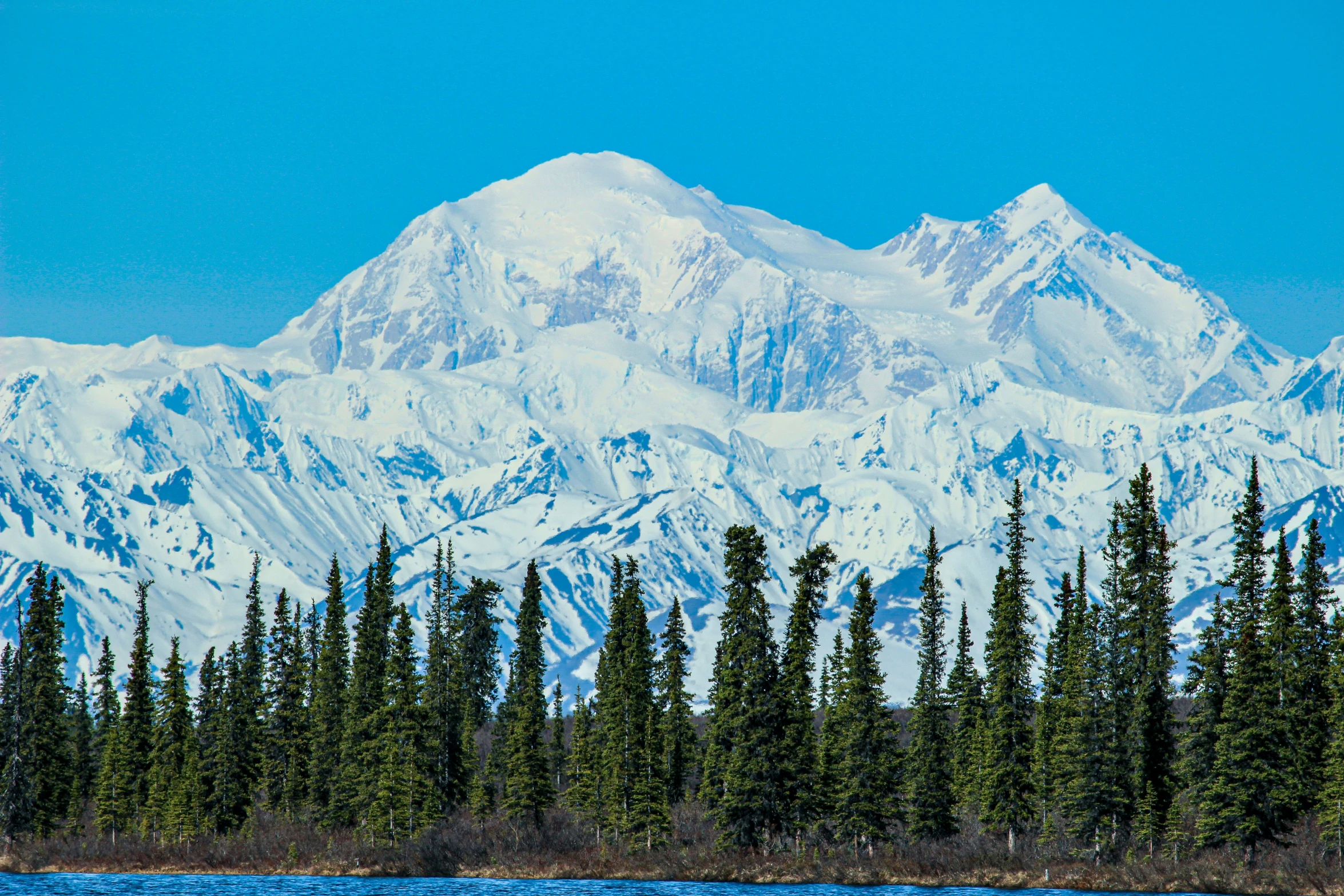 the mountain is covered in snow next to the forest