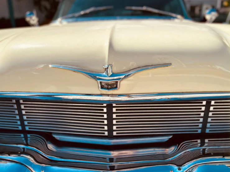 the hood ornament of a classic car at a car show