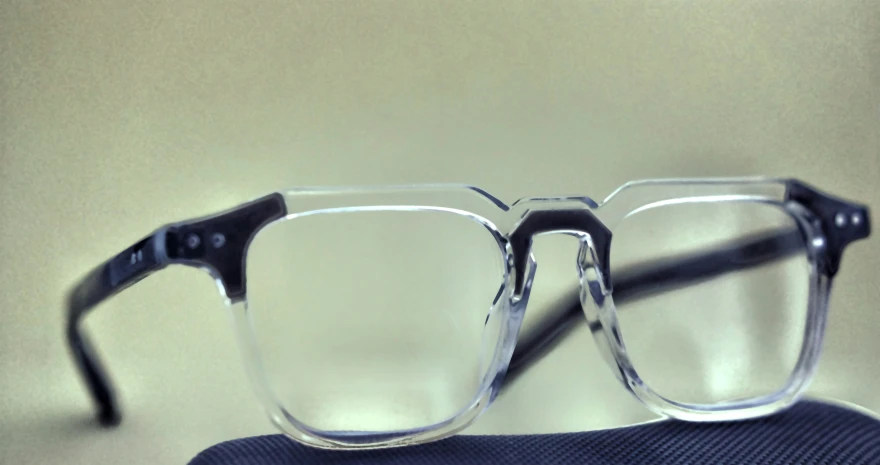 a pair of clear glasses sitting on top of a purse