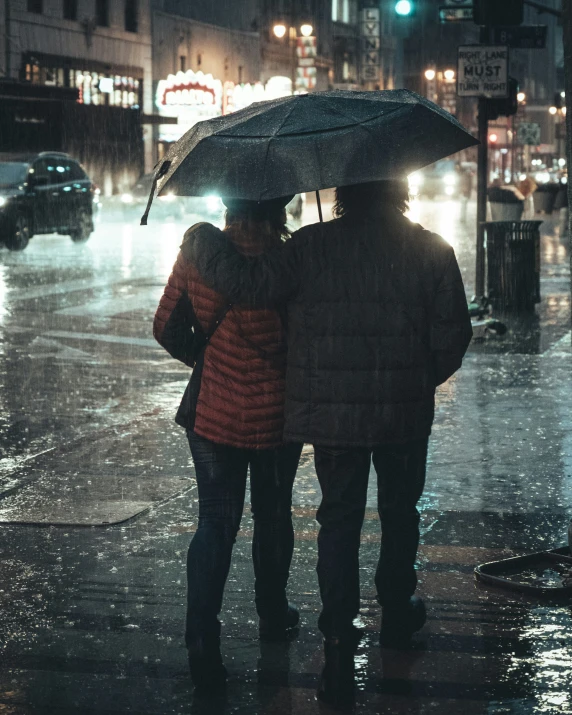 two people under an umbrella on a city street at night