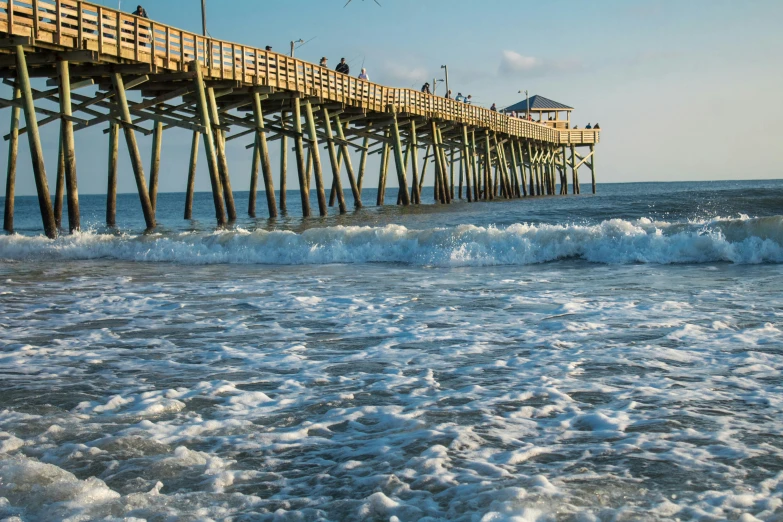 a pier that has people on it over some water