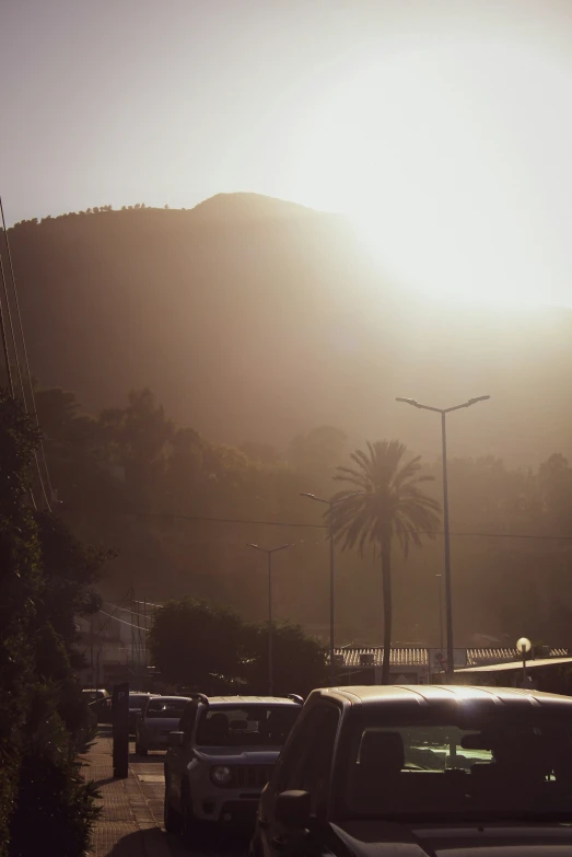 a street with cars and trees and sun in background