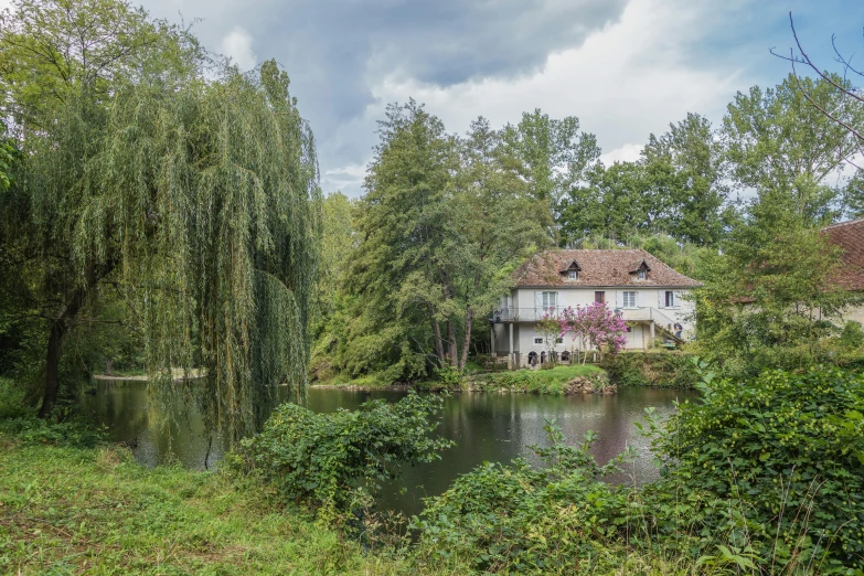 a house in a village surrounded by a lake and greenery