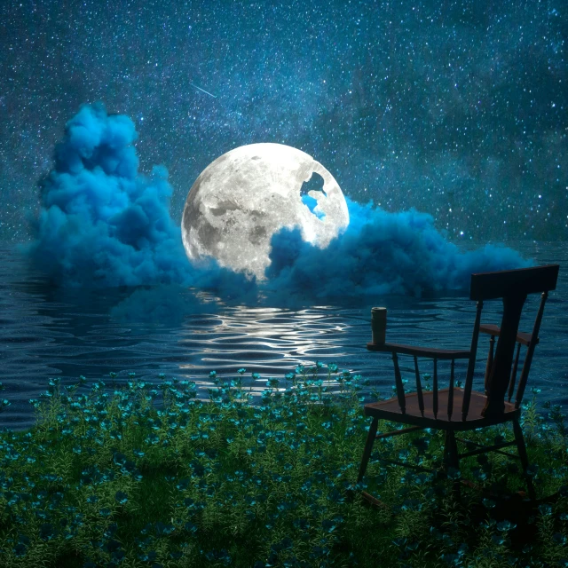 a chair is sitting in the grass looking at the moon