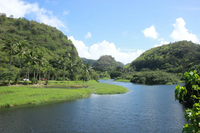 a river running through a lush green valley