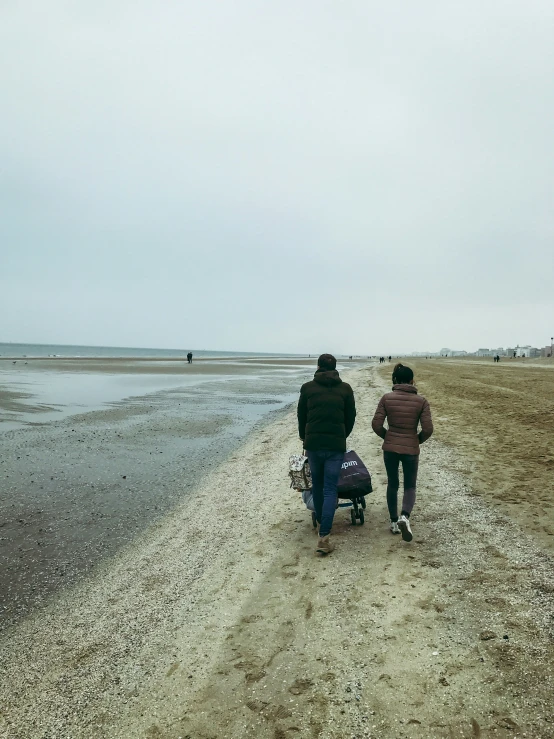 two people on the shore walk with their dog