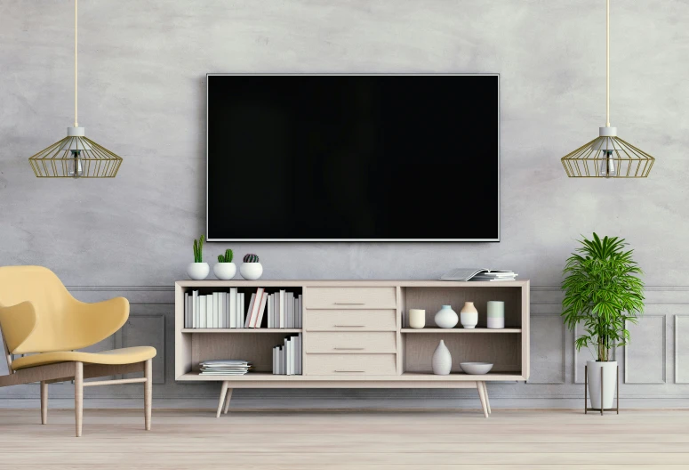 a room with two chairs, a television, a shelf and an armless chair