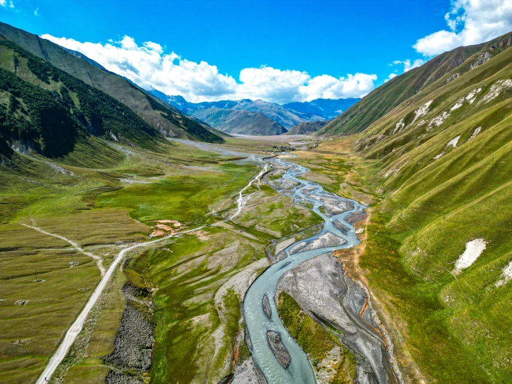 aerial view of a flowing river in the mountains